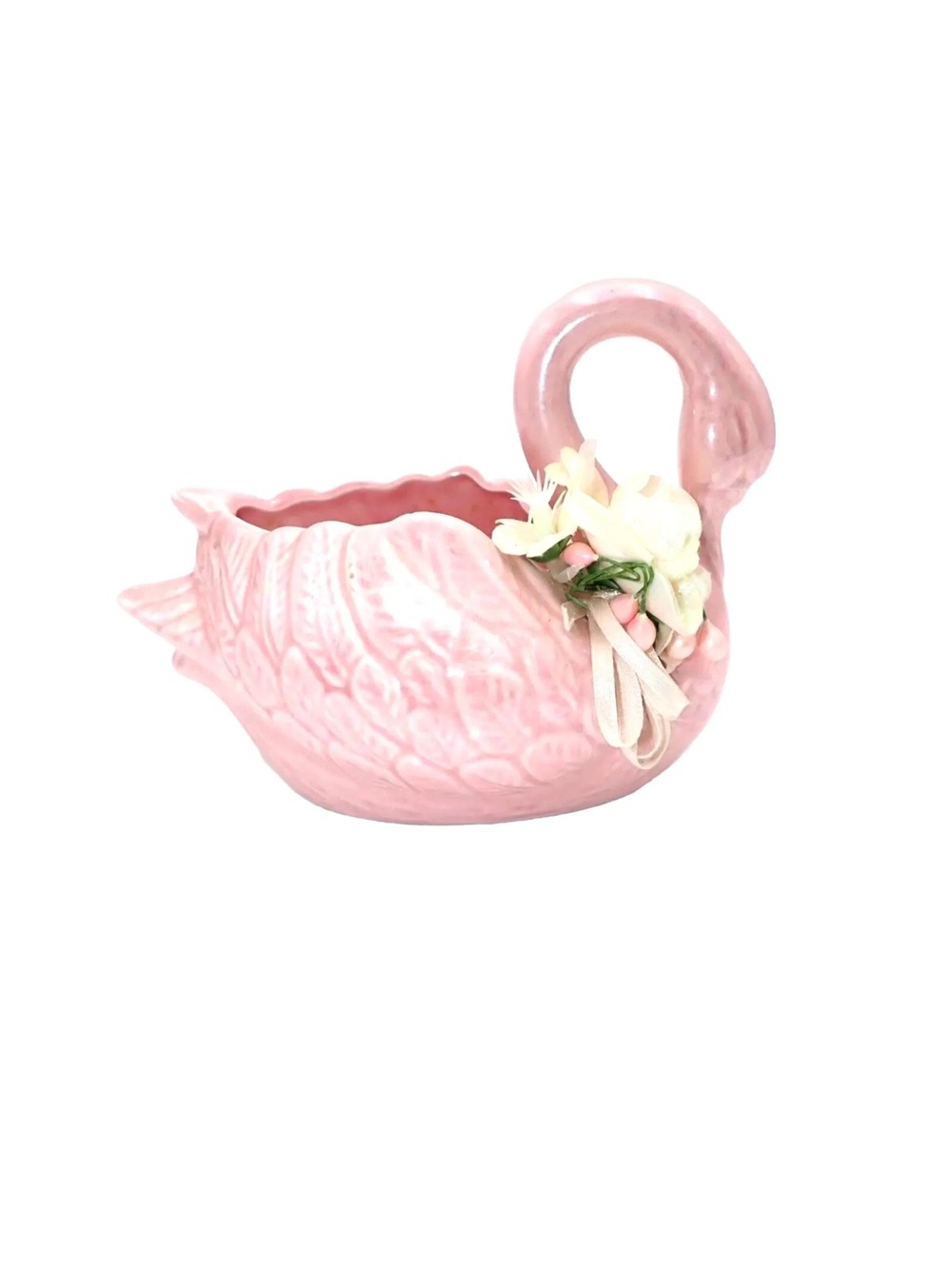 Vtg Cameron & Sons Planter Trinket Holder Pink Swan Flowers Ceramic NC Toronto